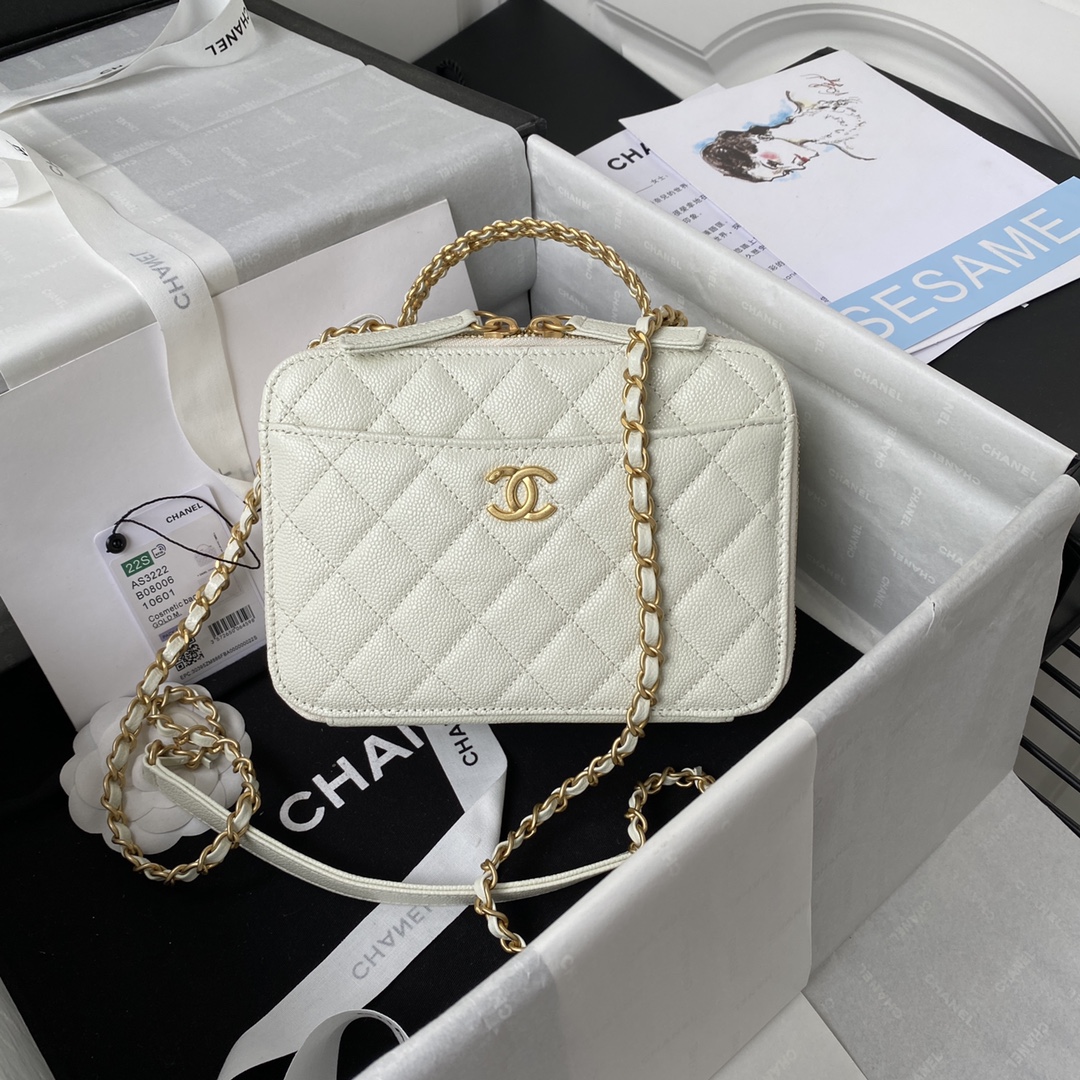 Chanel Camera Bag White Caviar Leather With Gold Hardware AP3222