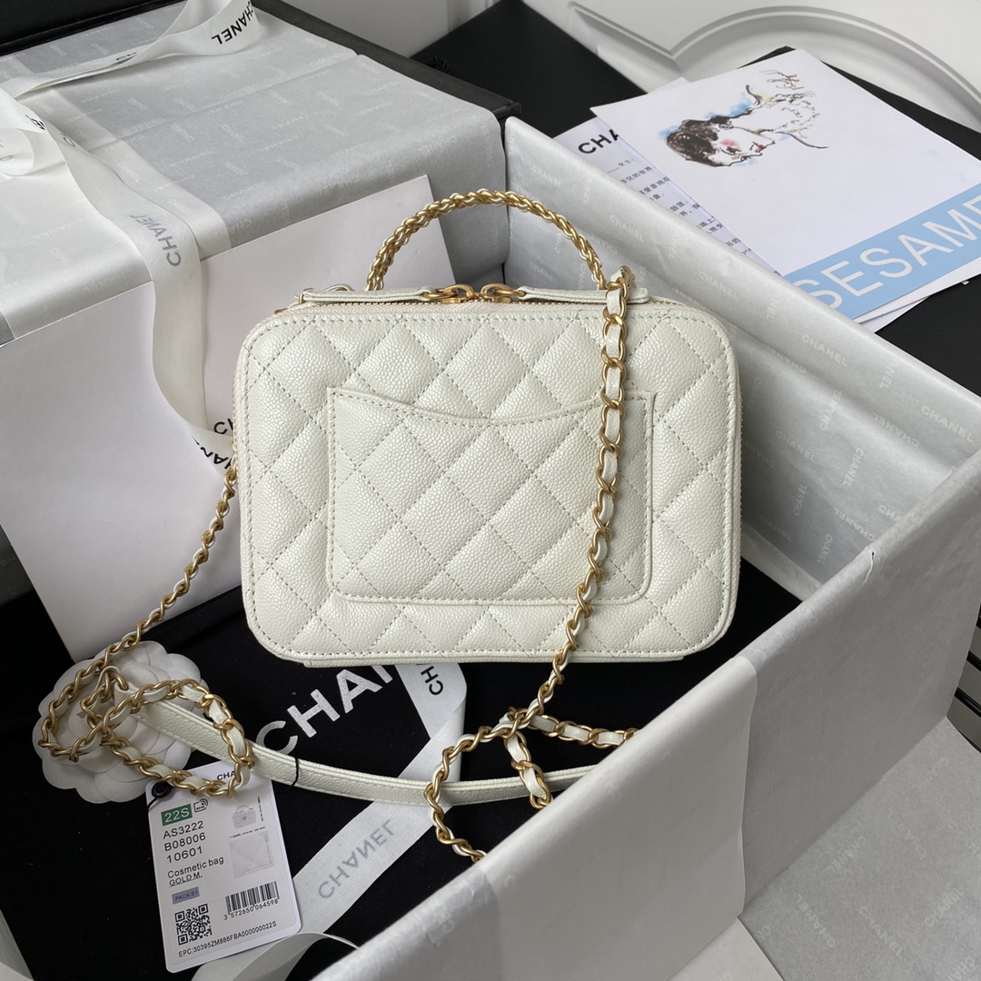 Chanel Camera Bag White Caviar Leather With Gold Hardware AP3222