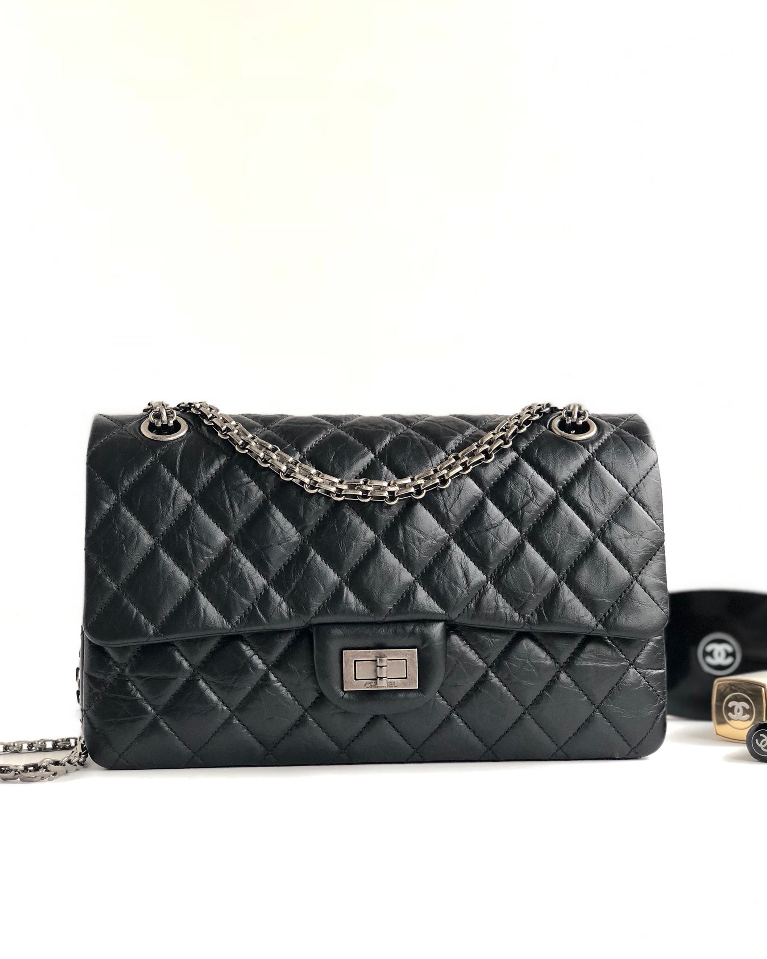 Chanel Classics 2.55 Handbag Aged Calfskin Silver Metal 25cm