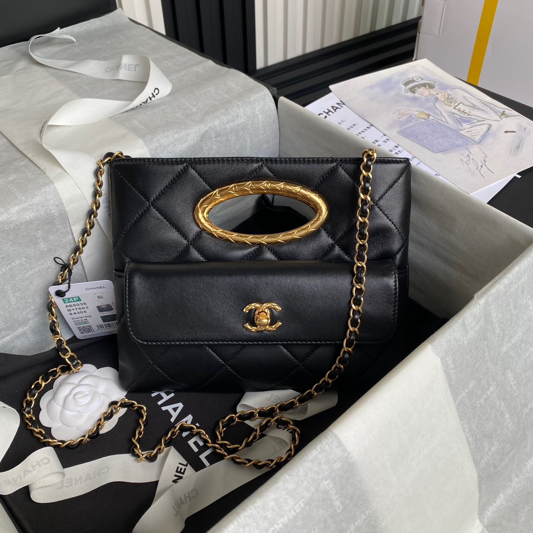 Chanel Clutch Lambskin Gold-Tone Metal  Black