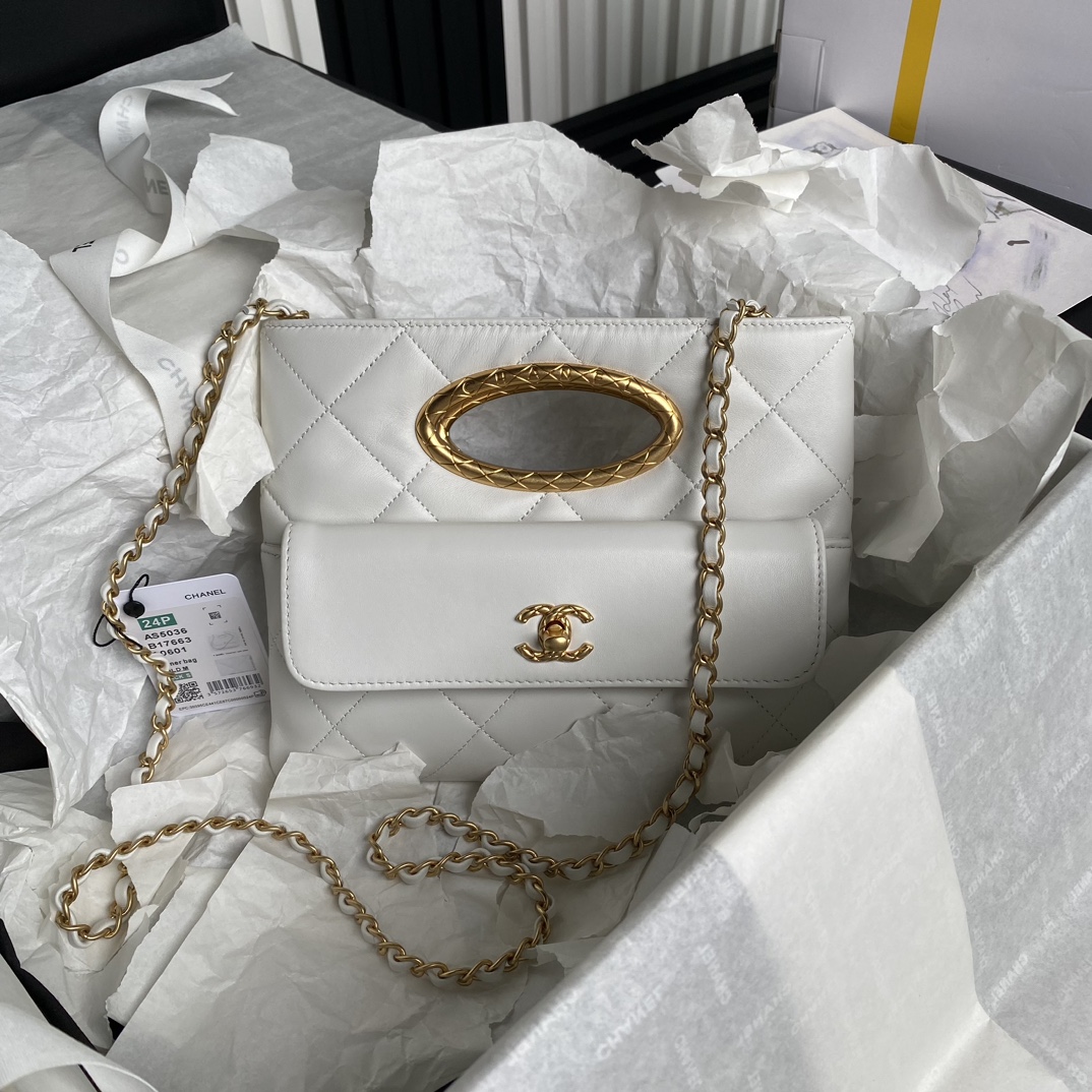 Chanel Clutch Lambskin Gold-Tone Metal White