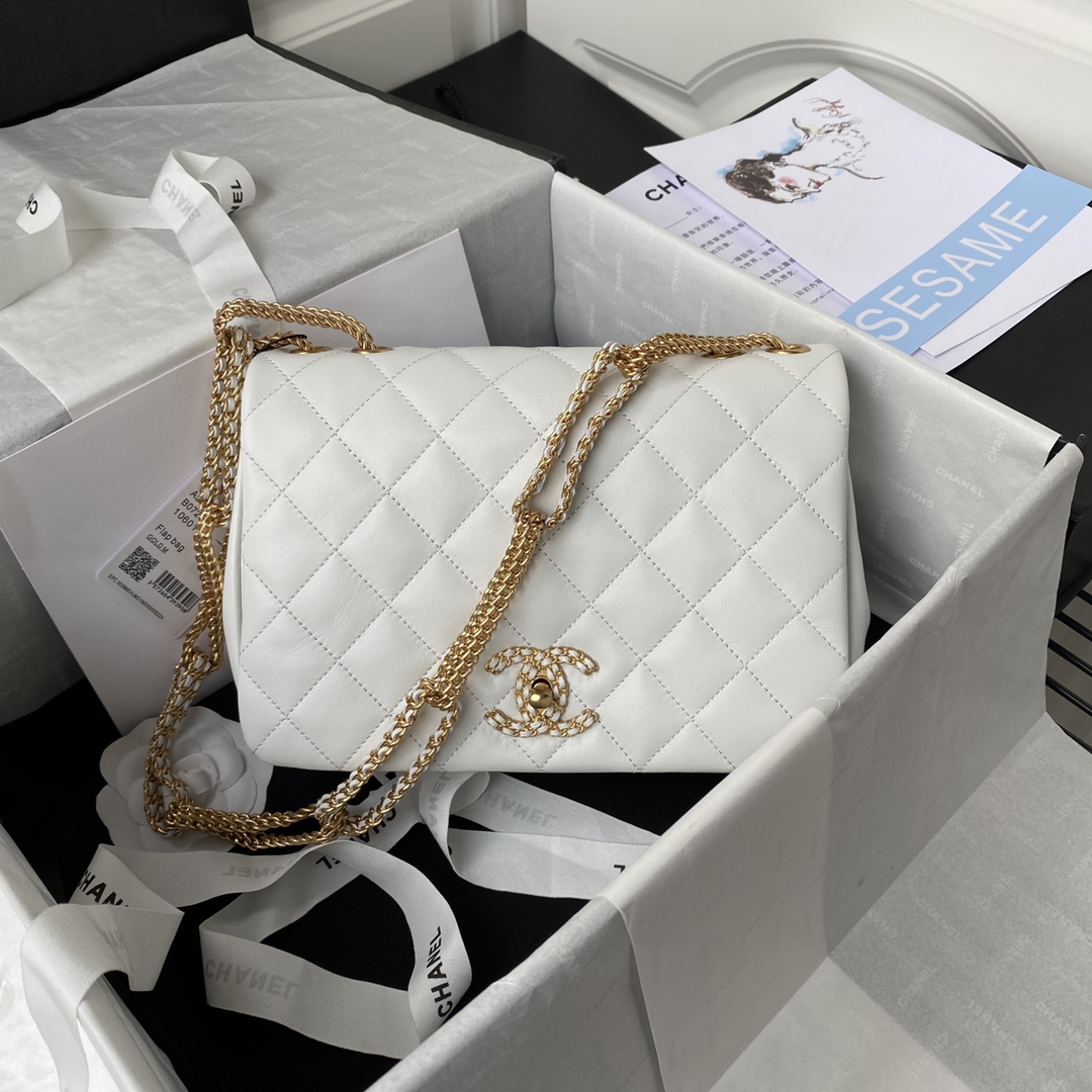 Chanel Double Chain Flap Bag Lambskin Gold-Tone Metal White AS2976