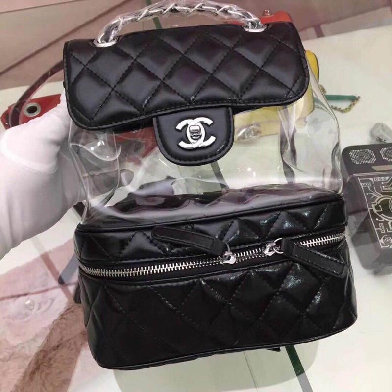 Chanel Flap Bag Crumpled Calfskin PVC Resin Silver Tone Metal Black