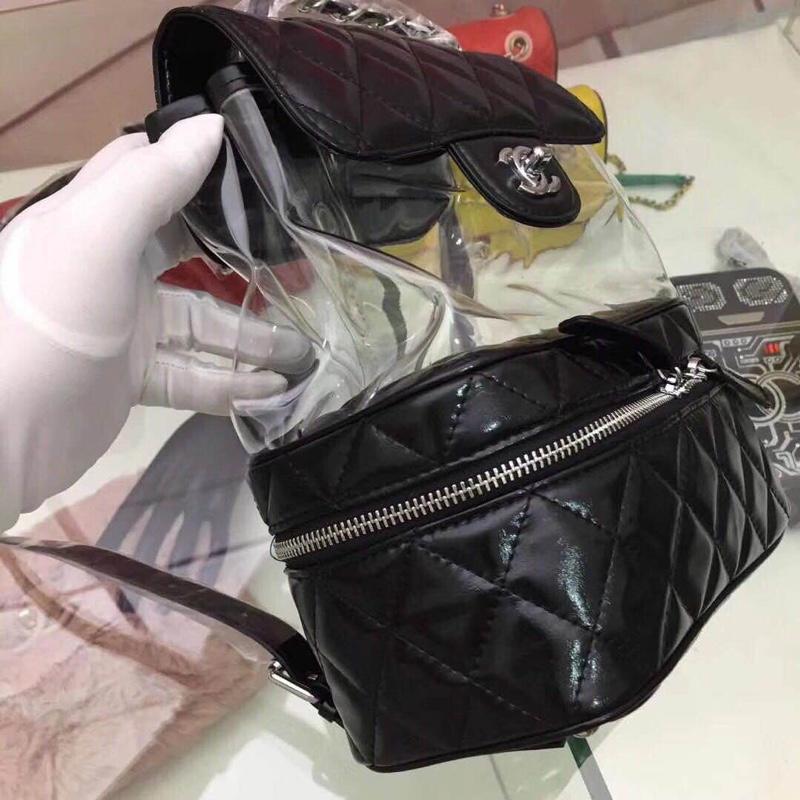 Chanel Flap Bag Crumpled Calfskin PVC Resin Silver Tone Metal Black