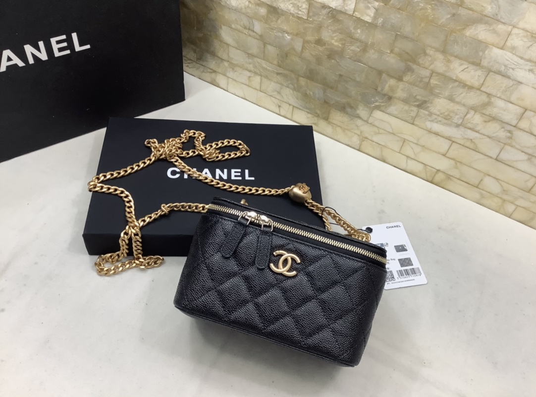 Chanel Gold Ball Mirror Base CC Logo Light Black Long Vanity Case with Chain AP2303