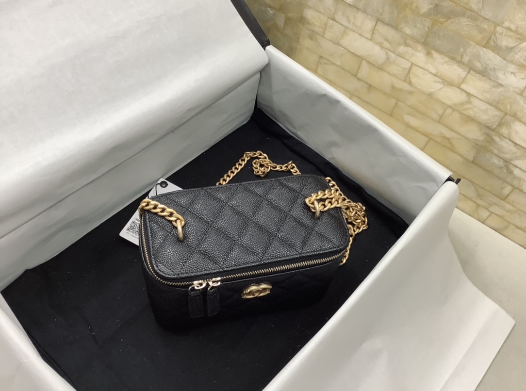 Chanel Gold Ball Mirror Base CC Logo Light Black Long Vanity Case with Chain AP2303