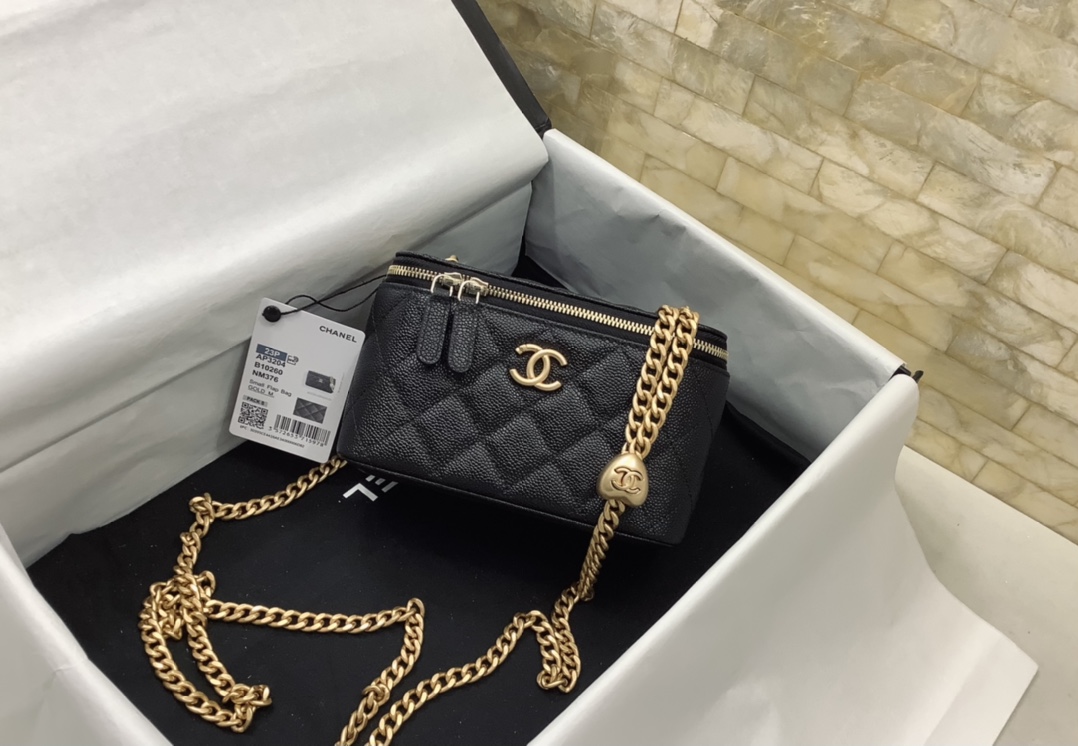 Chanel Gold Ball Mirror Base CC Logo Light Black Long Vanity Case with Chain AP2303