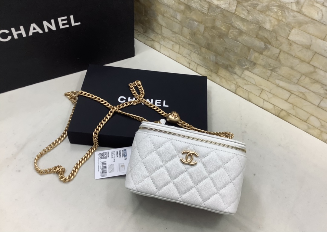 Chanel Gold Ball Mirror Base CC Logo Light White Long Vanity Case with Chain AP2303