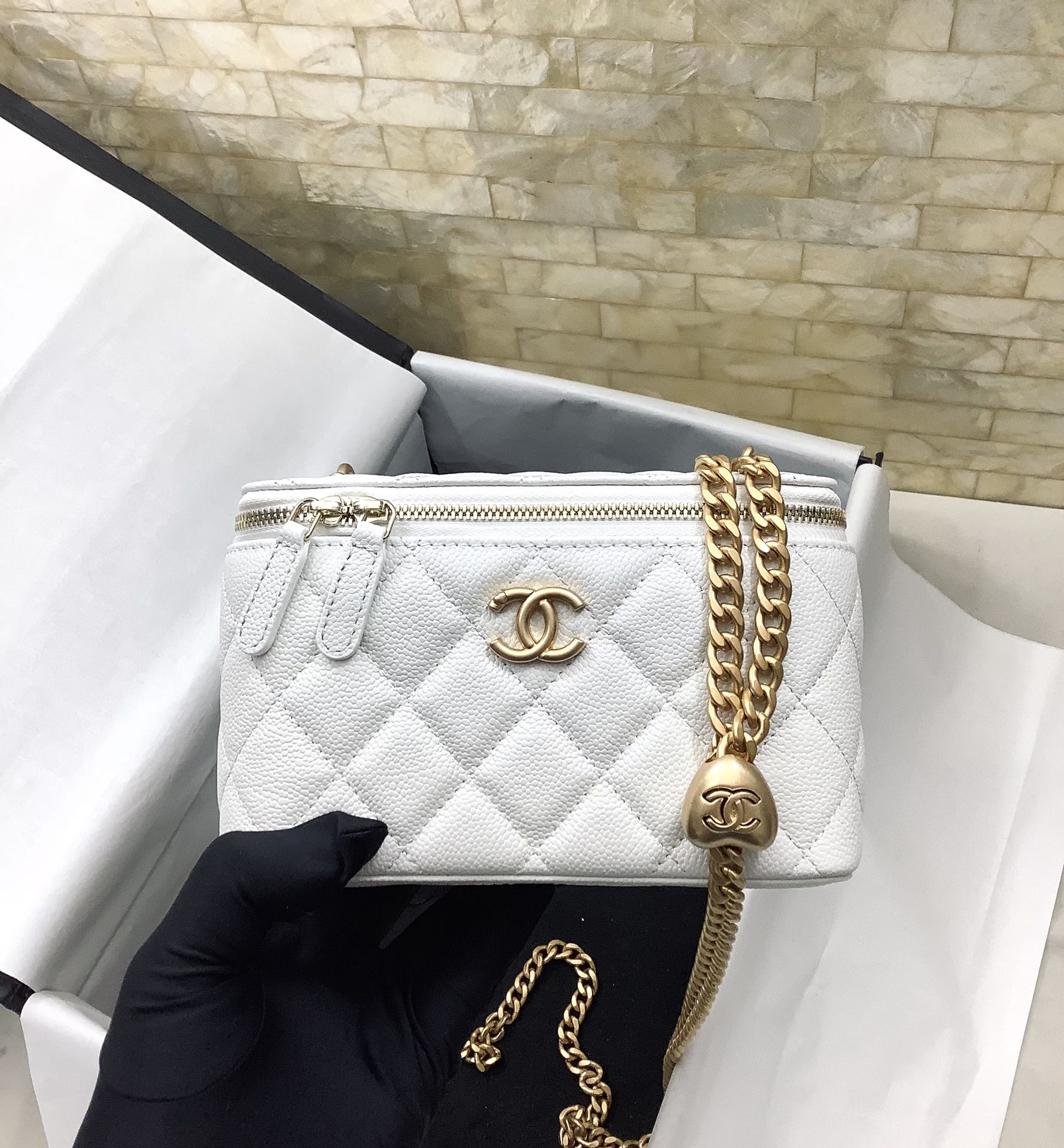 Chanel Gold Ball Mirror Base CC Logo Light White Long Vanity Case with Chain AP2303