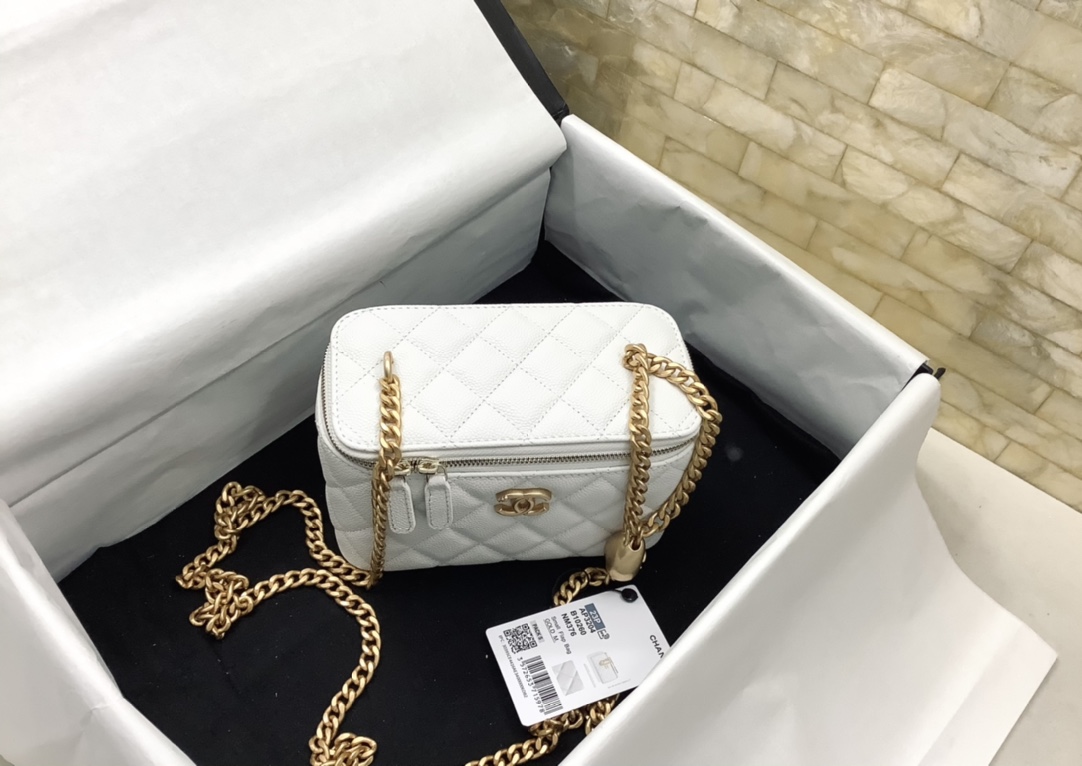 Chanel Gold Ball Mirror Base CC Logo Light White Long Vanity Case with Chain AP2303