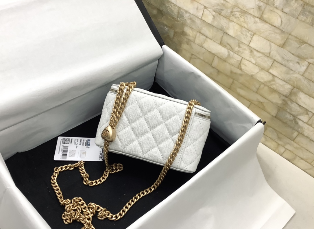 Chanel Gold Ball Mirror Base CC Logo Light White Long Vanity Case with Chain AP2303