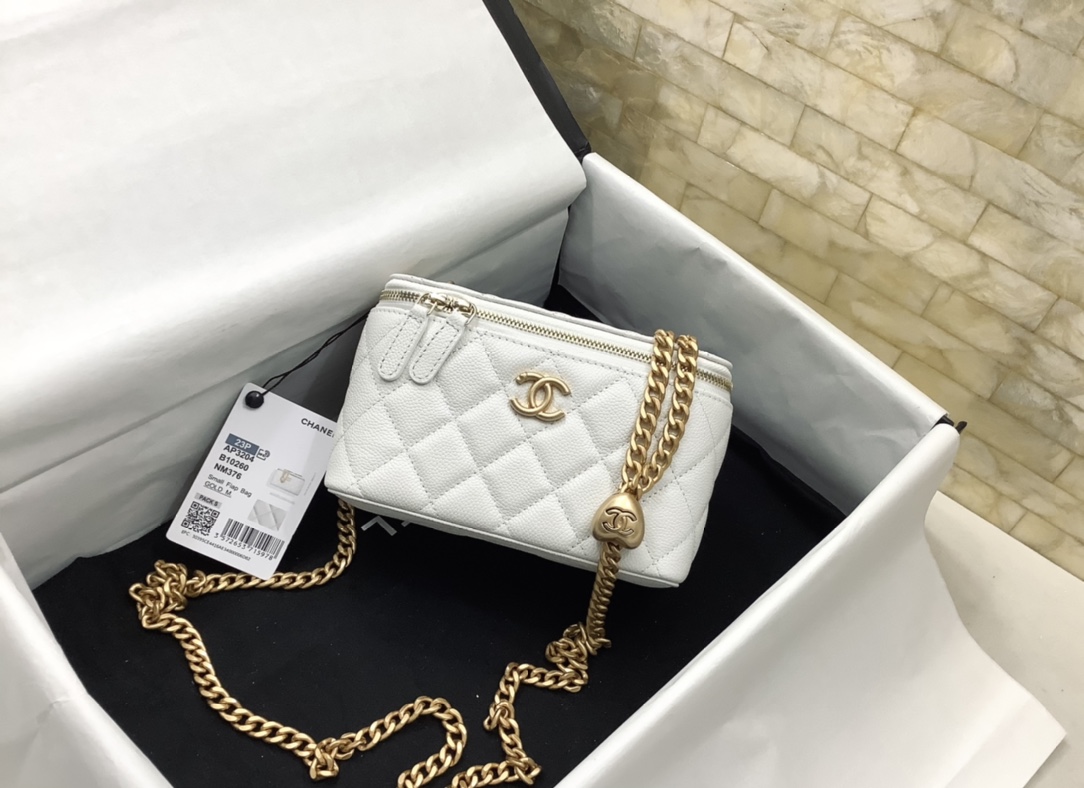 Chanel Gold Ball Mirror Base CC Logo Light White Long Vanity Case with Chain AP2303