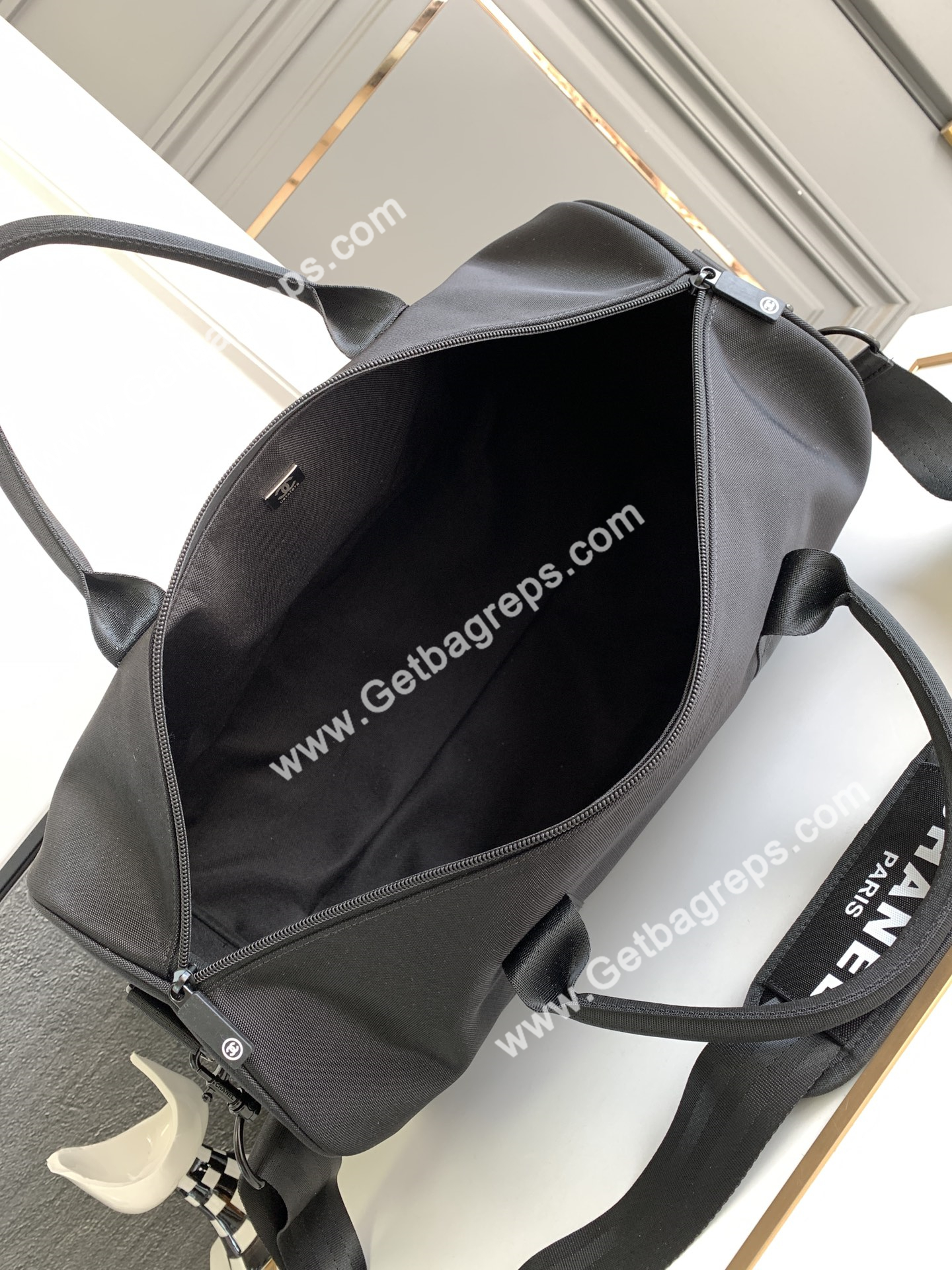 Chanel Gym Bag Black with White LOGO
