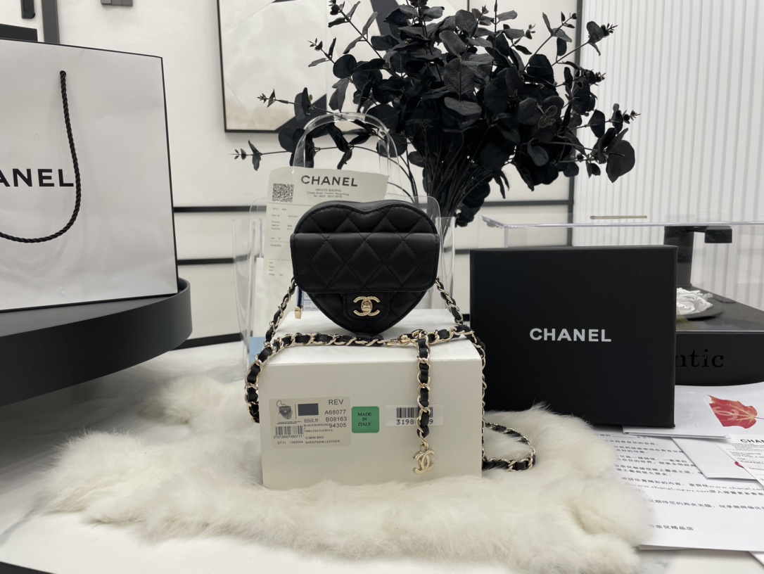 Chanel Heart Bag Lambskin  Gold-Tone Metal Black AS3191