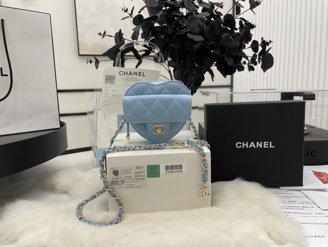 Chanel Heart Bag Lambskin  Gold-Tone Metal Blue AS3191