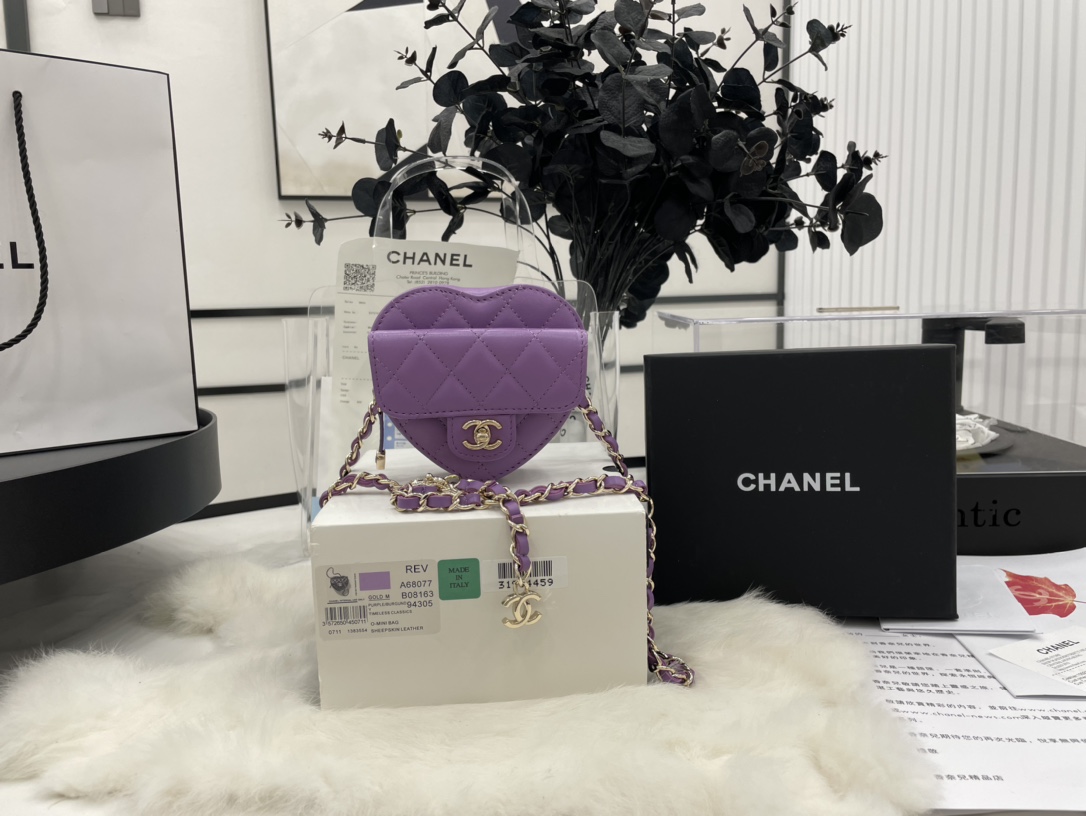 Chanel Heart Bag Lambskin  Gold-Tone Metal Purple AS3191