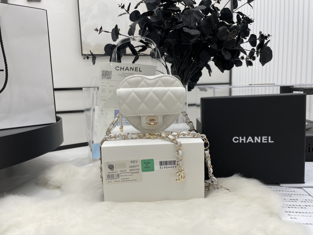 Chanel Heart Bag Lambskin  Gold-Tone Metal White AS3191