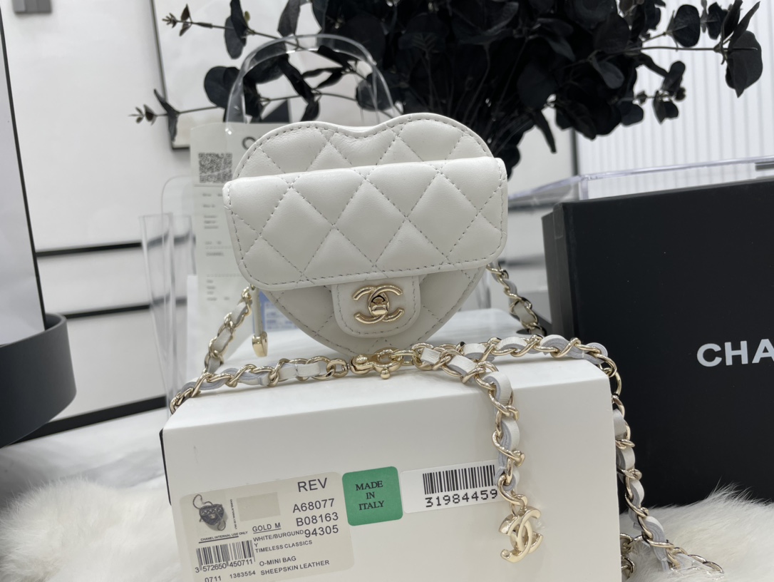 Chanel Heart Bag Lambskin  Gold-Tone Metal White AS3191