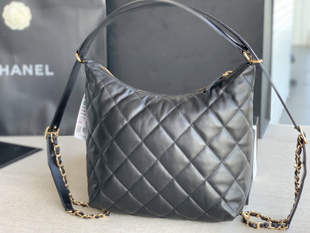 Chanel Hopo Shoulder Bag Lambskin Gold-Tone AS3487 Black