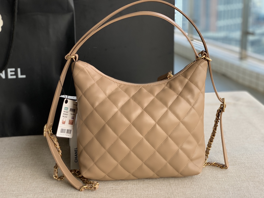 Chanel Hopo Shoulder Bag Lambskin Gold-Tone AS3487 Brown