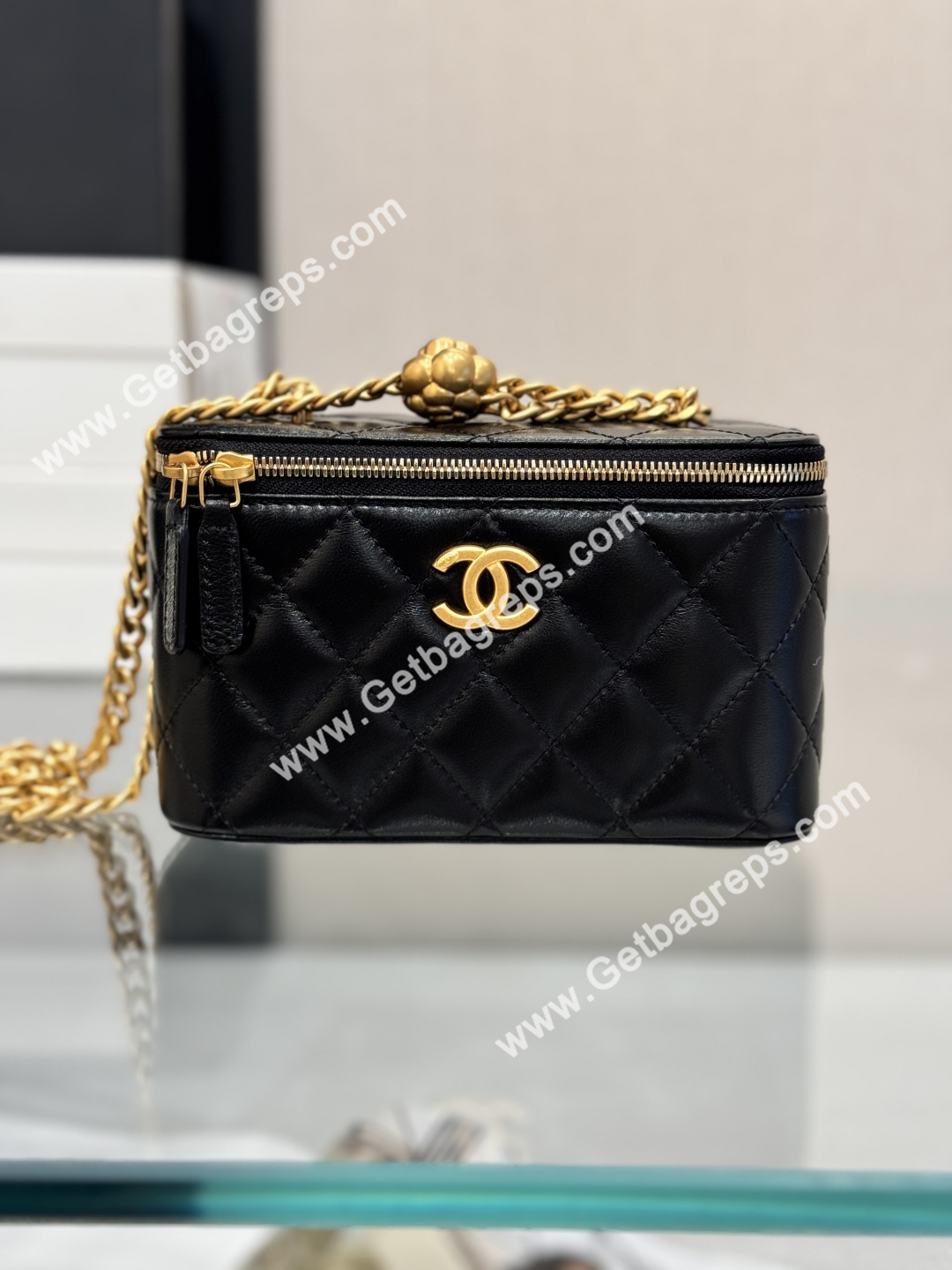 Chanel Large Quilted Vanity Rectangular with Camellia Adjustable Chain Black