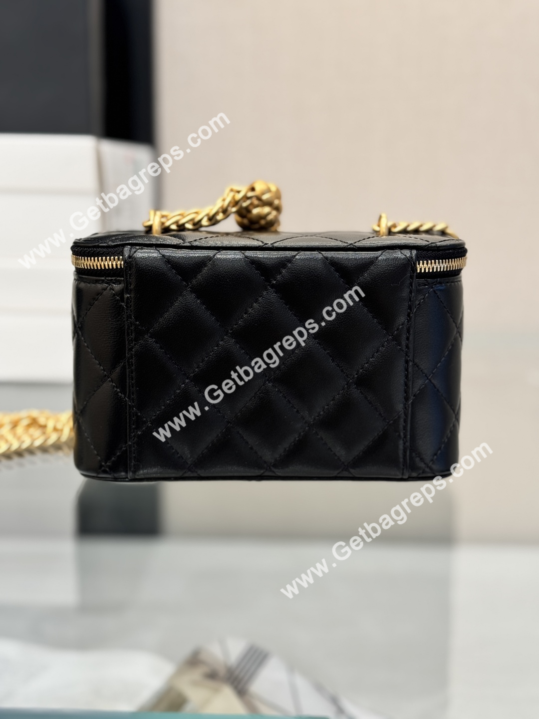 Chanel Large Quilted Vanity Rectangular with Camellia Adjustable Chain Black