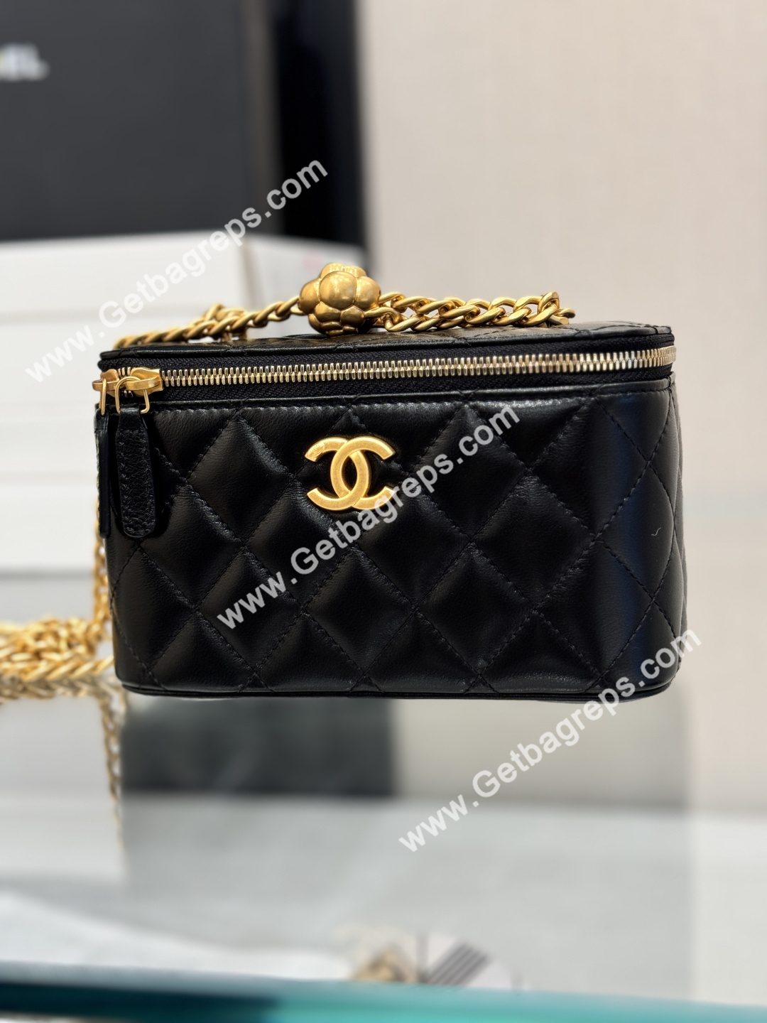 Chanel Large Quilted Vanity Rectangular with Camellia Adjustable Chain Black