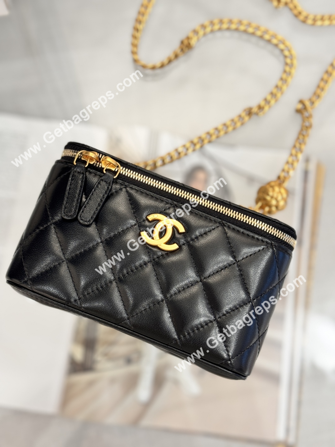 Chanel Large Quilted Vanity Rectangular with Camellia Adjustable Chain Black