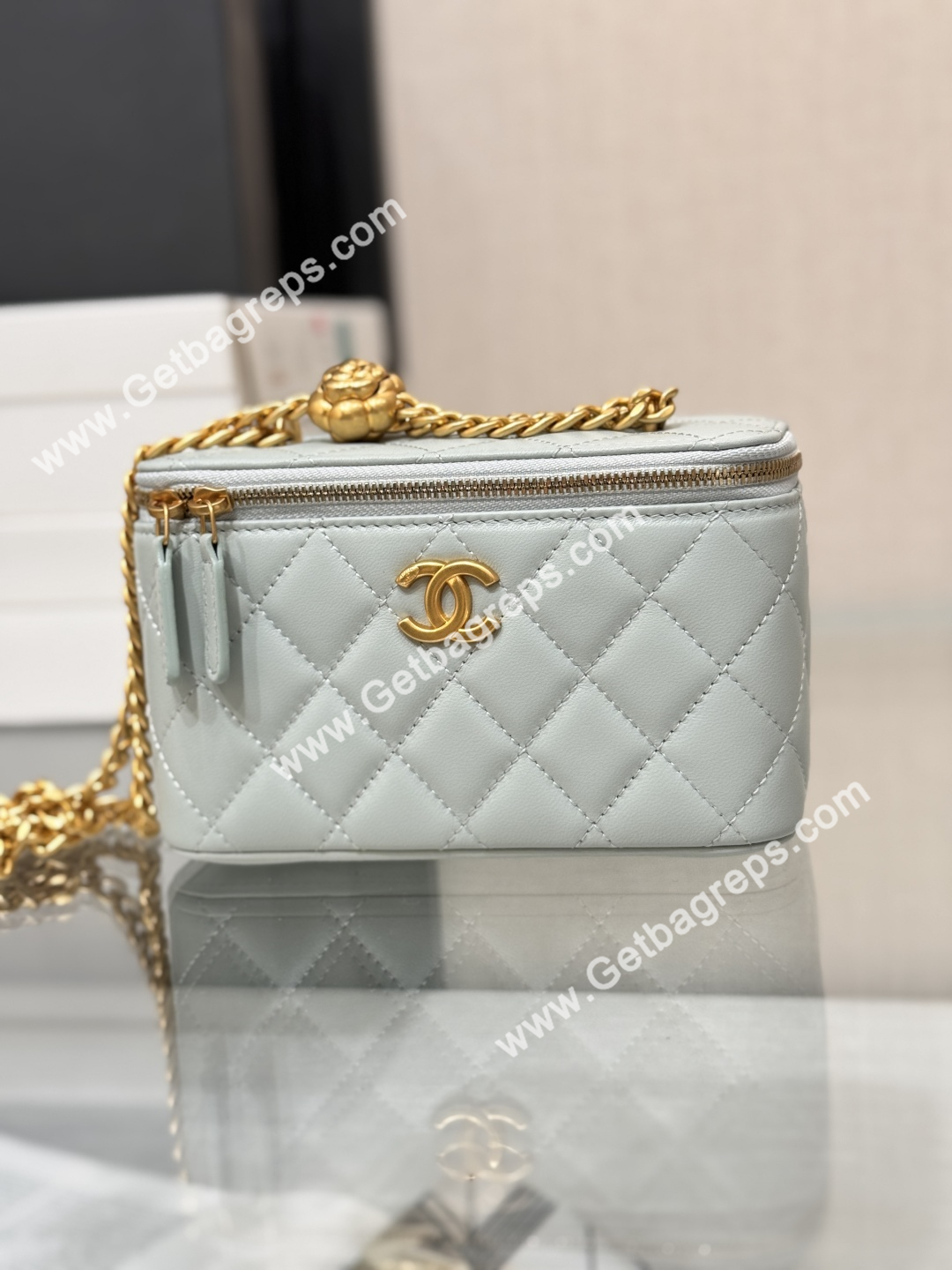 Chanel Large Quilted Vanity Rectangular with Camellia Adjustable Chain Blue