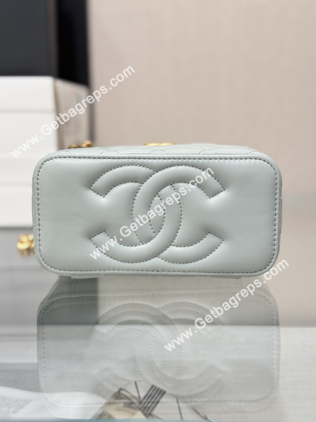 Chanel Large Quilted Vanity Rectangular with Camellia Adjustable Chain Blue