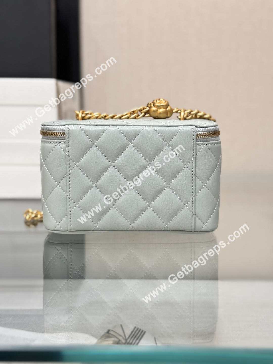 Chanel Large Quilted Vanity Rectangular with Camellia Adjustable Chain Blue