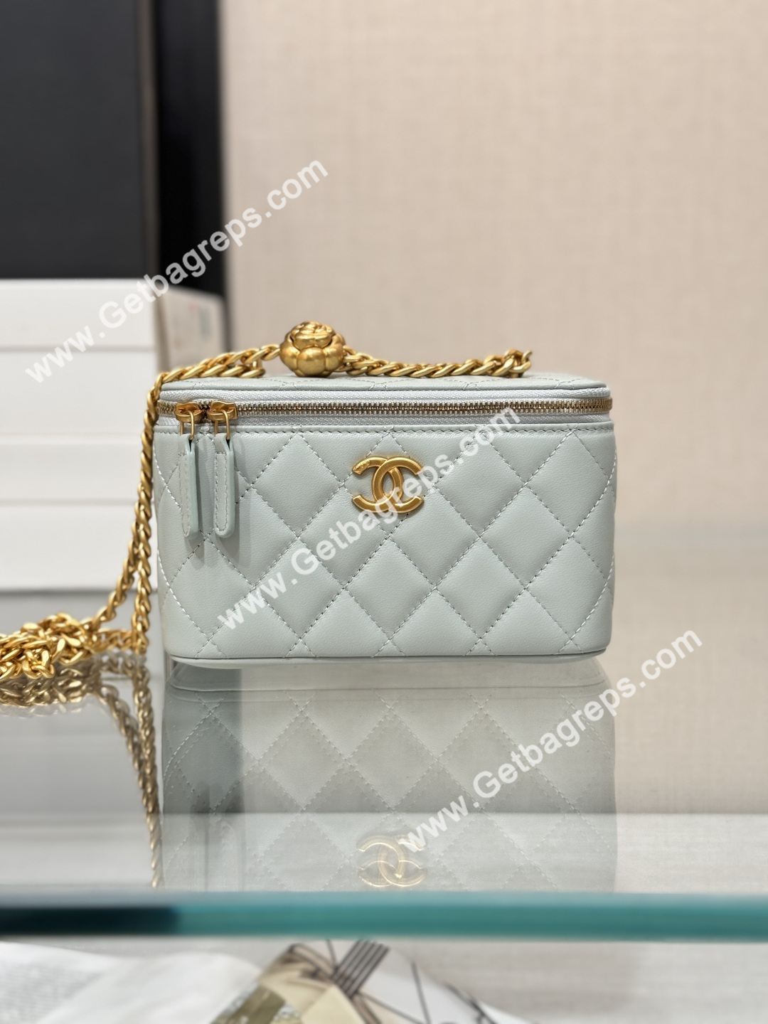Chanel Large Quilted Vanity Rectangular with Camellia Adjustable Chain Blue