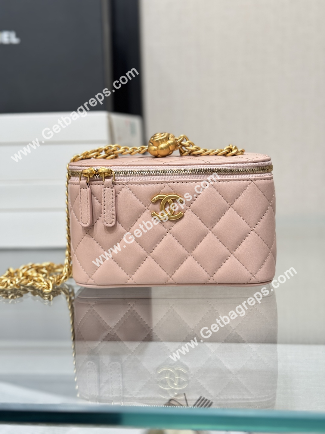 Chanel Large Quilted Vanity Rectangular with Camellia Adjustable Chain Pink