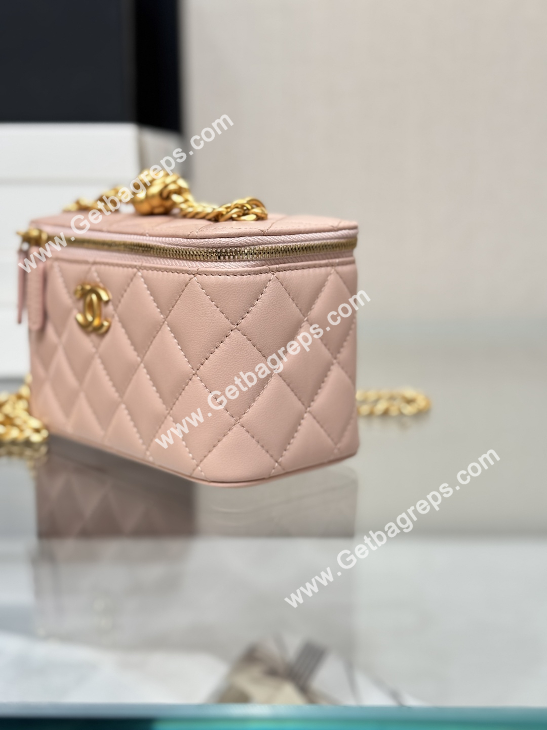 Chanel Large Quilted Vanity Rectangular with Camellia Adjustable Chain Pink