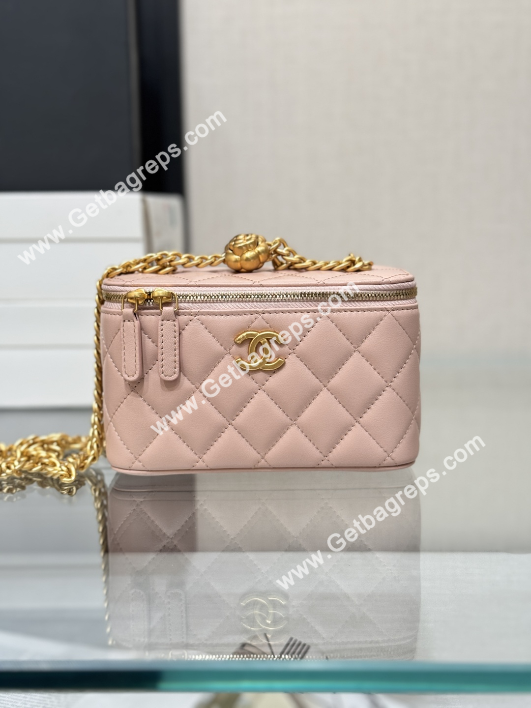 Chanel Large Quilted Vanity Rectangular with Camellia Adjustable Chain Pink