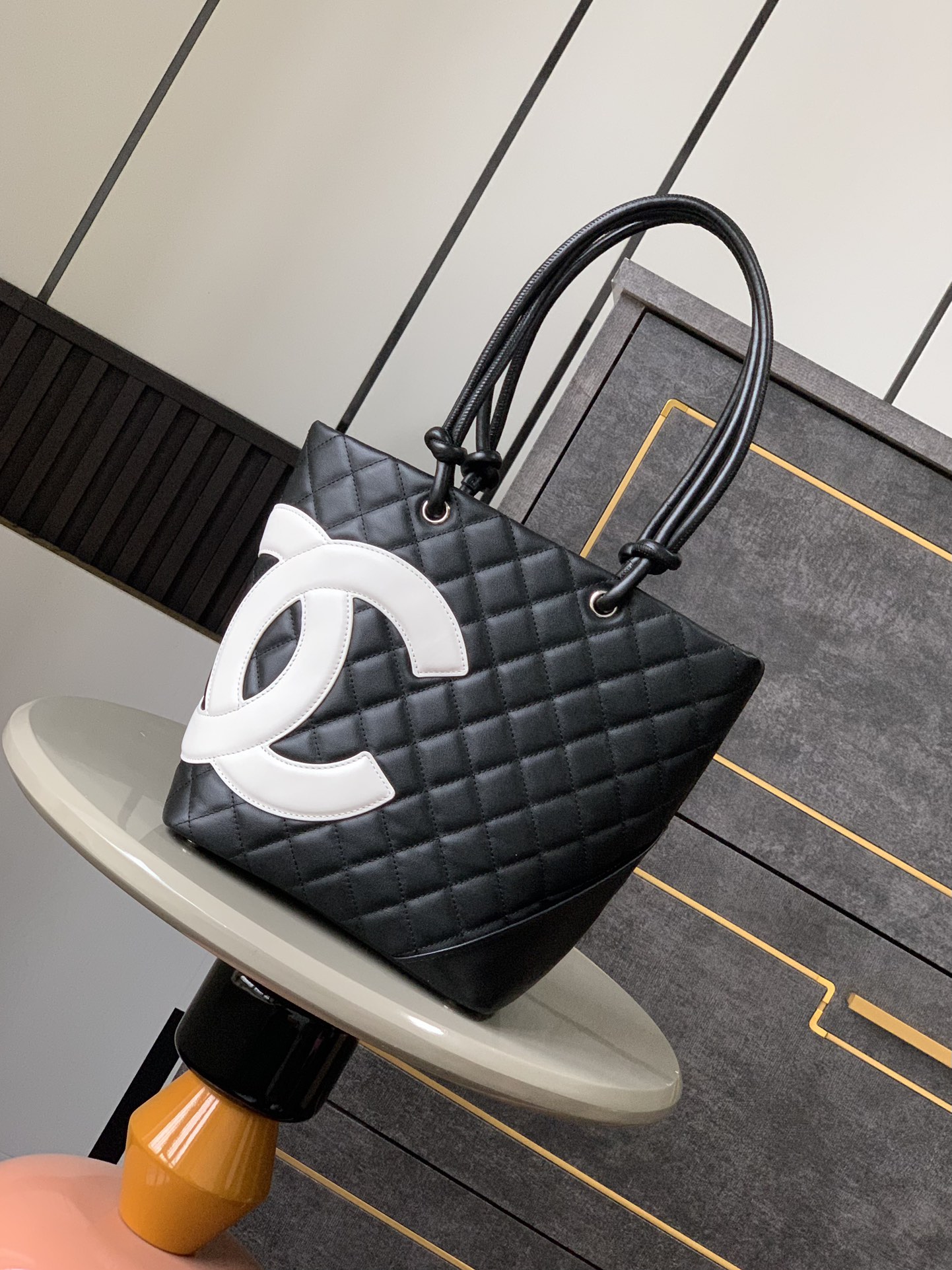 Chanel Ligne Cambon Large Tote Bag Black and White Calfskin