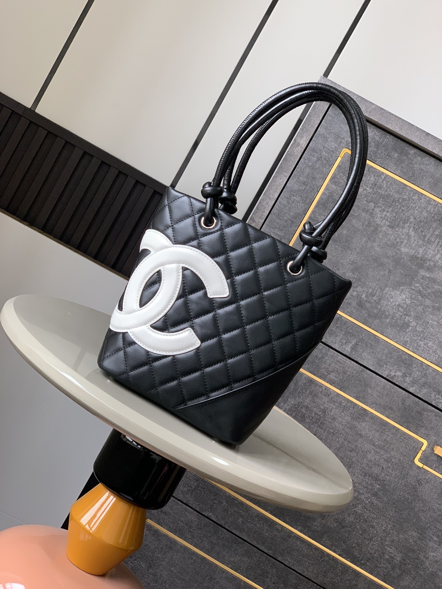 Chanel Ligne Cambon Small Tote Bag Black with White Calfskin