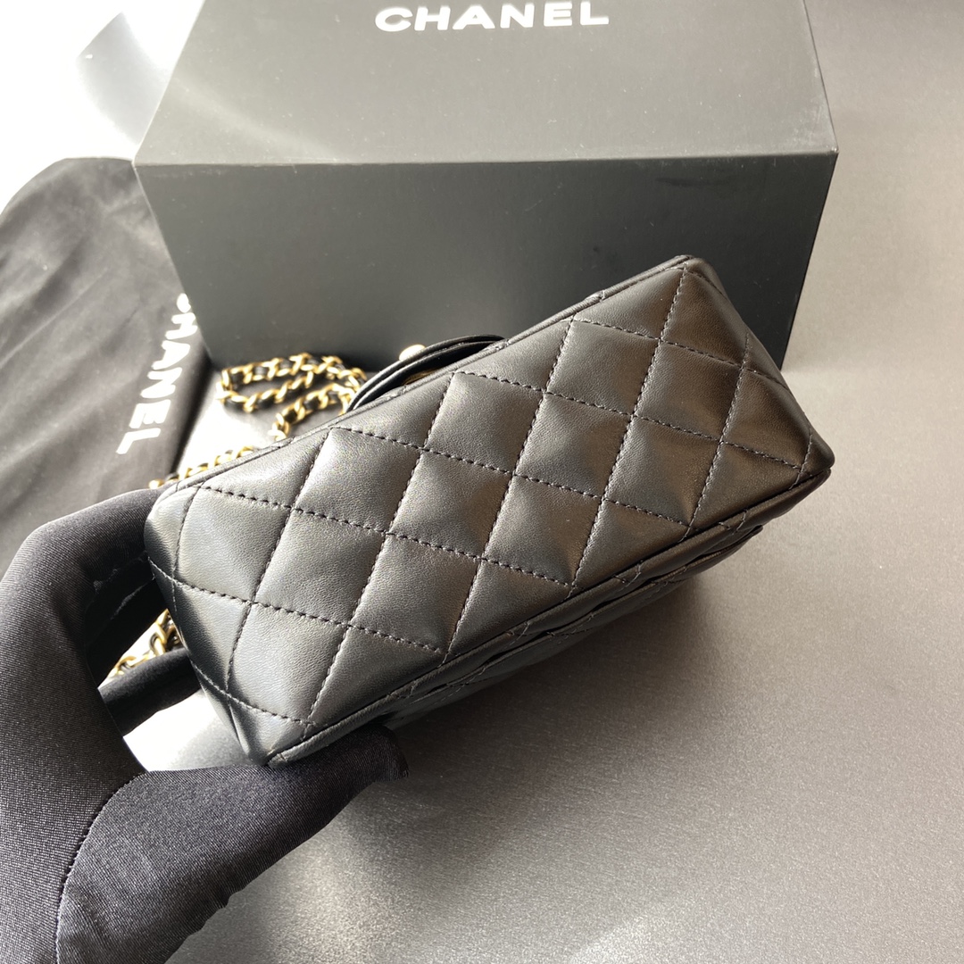 Chanel Mini Flap Bag with Aged Gold Hardware with Quilted CC Toggle Ball Black