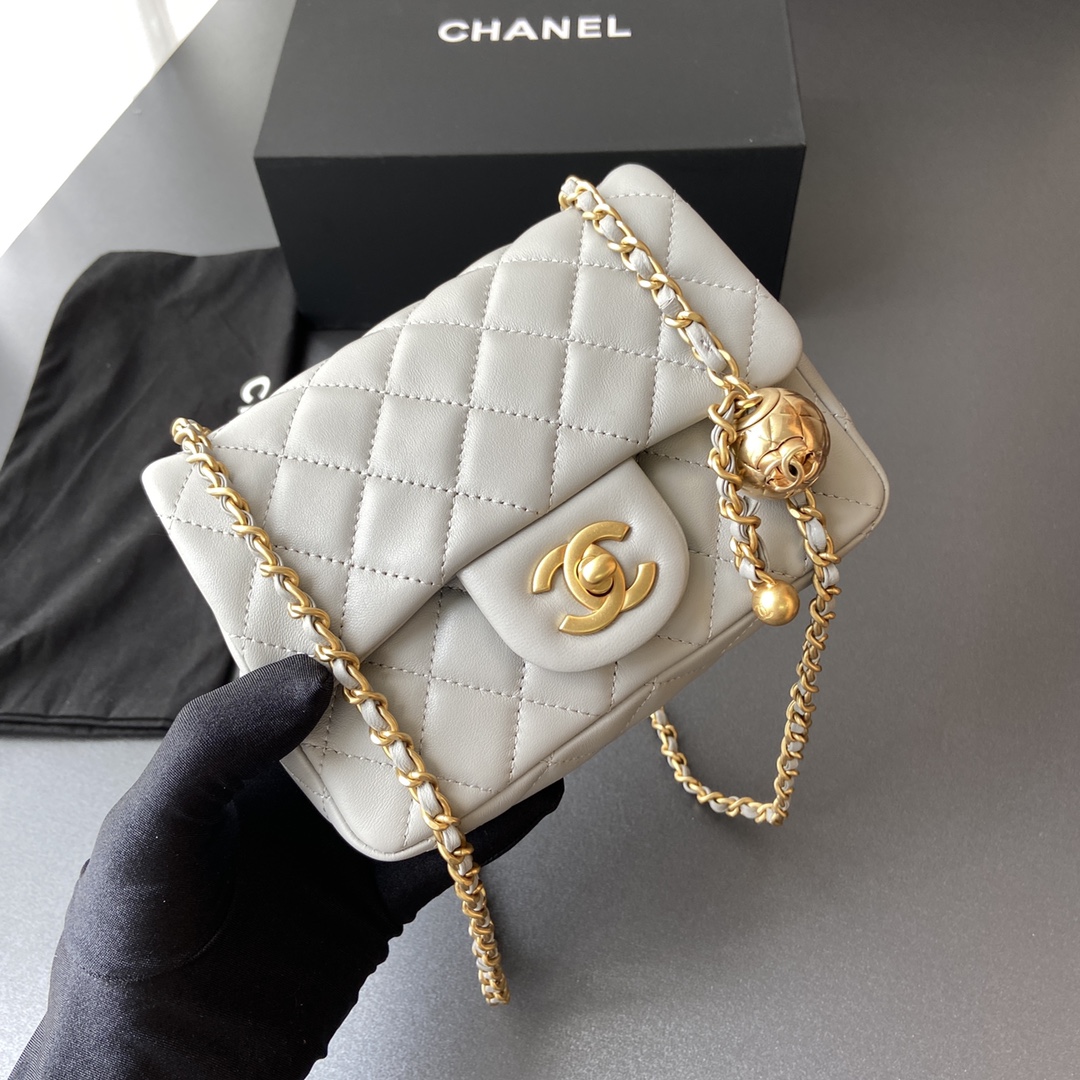 Chanel Mini Flap Bag with Aged Gold Hardware with Quilted CC Toggle Ball Gray