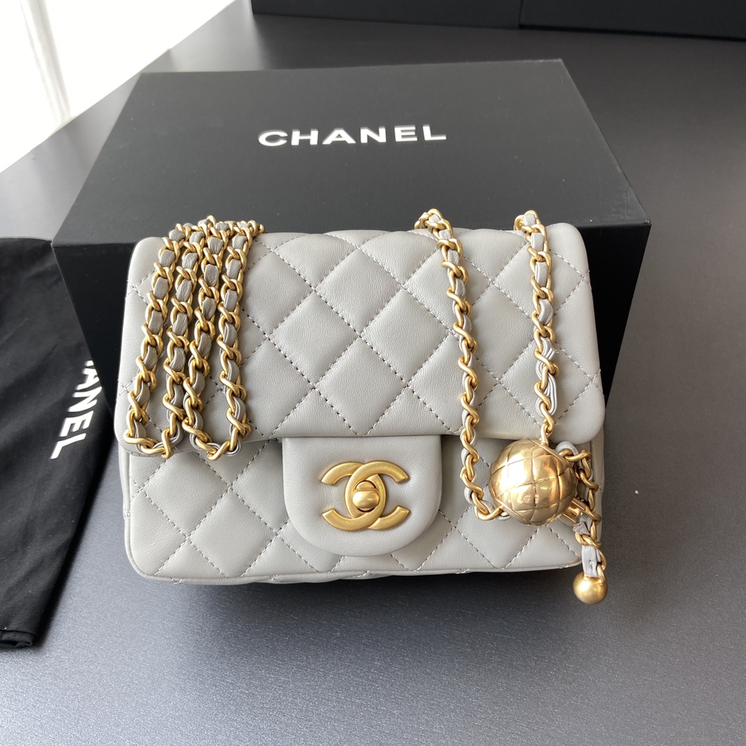 Chanel Mini Flap Bag with Aged Gold Hardware with Quilted CC Toggle Ball Gray