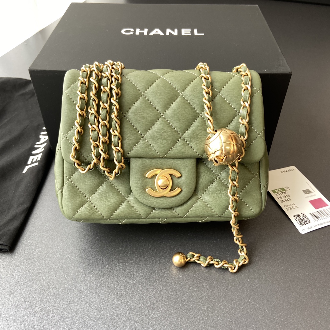 Chanel Mini Flap Bag with Aged Gold Hardware with Quilted CC Toggle Ball Green