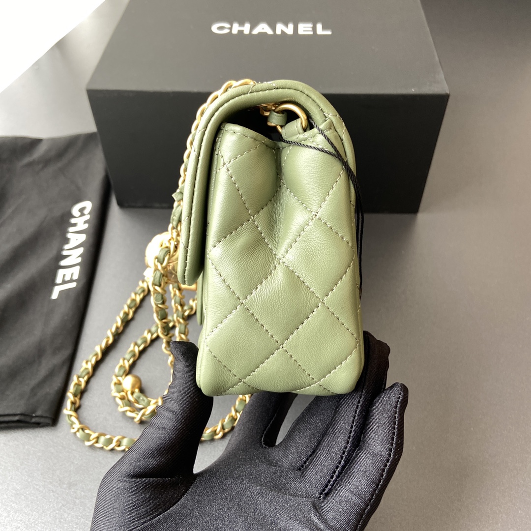 Chanel Mini Flap Bag with Aged Gold Hardware with Quilted CC Toggle Ball Green