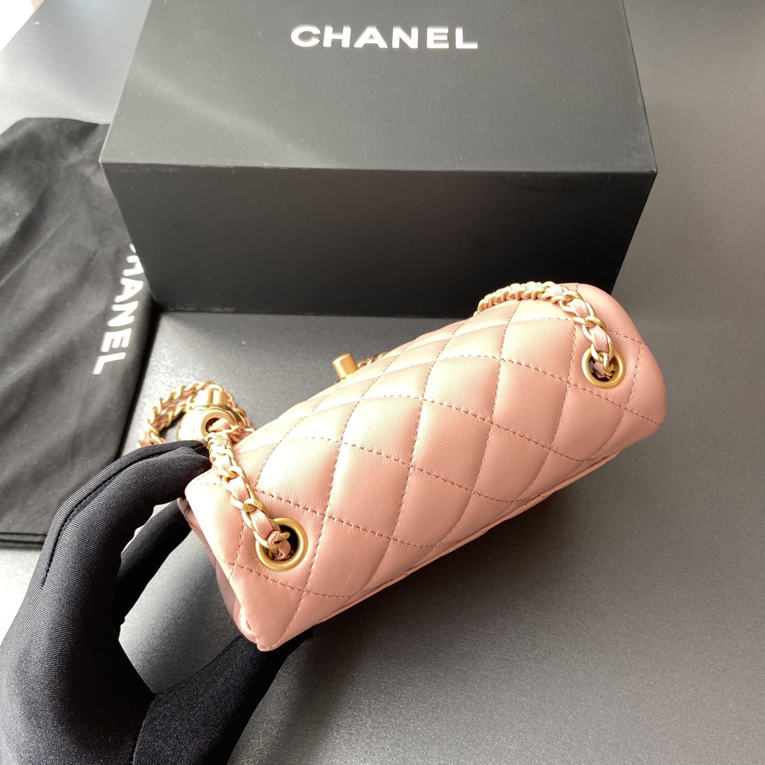 Chanel Mini Flap Bag with Aged Gold Hardware with Quilted CC Toggle Ball Pink