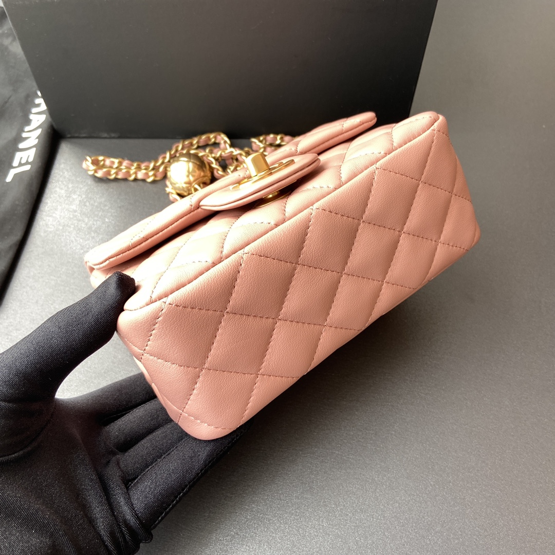 Chanel Mini Flap Bag with Aged Gold Hardware with Quilted CC Toggle Ball Pink