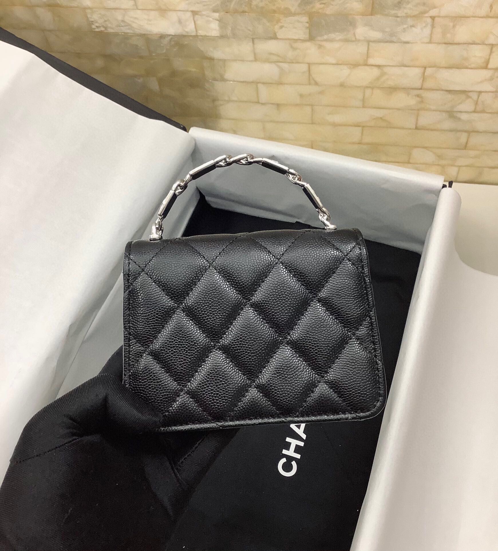 Chanel Mini Kelly Top Handle Chain Mini Vanity Case Black Lambskin