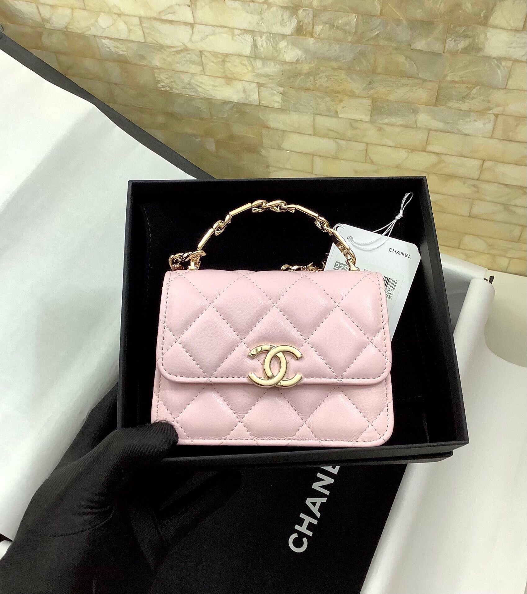 Chanel Mini Kelly Top Handle Chain Mini Vanity Case Pink Lambskin