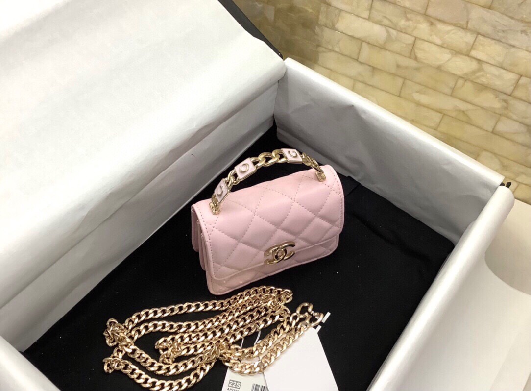 Chanel Mini Kelly Top Handle Chain Mini Vanity Case Pink Lambskin
