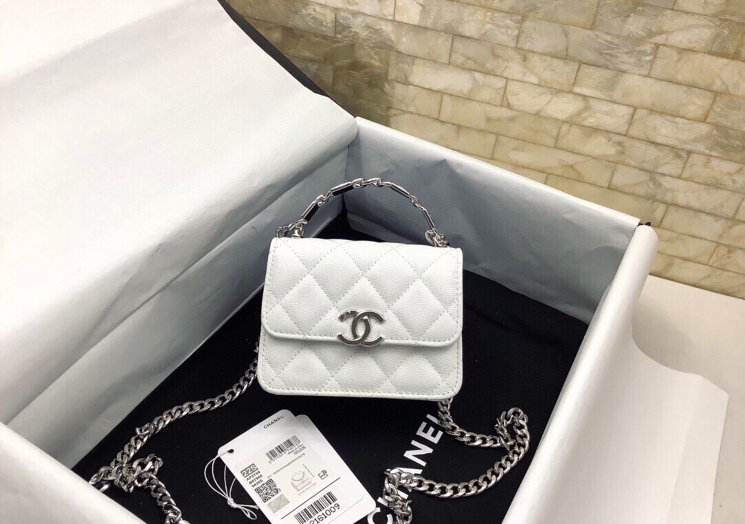 Chanel Mini Kelly Top Handle Chain Mini Vanity Case White Lambskin