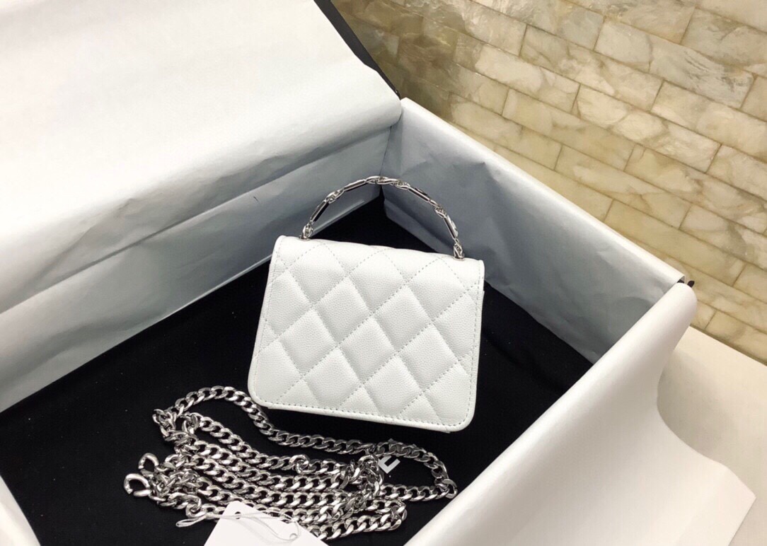 Chanel Mini Kelly Top Handle Chain Mini Vanity Case White Lambskin