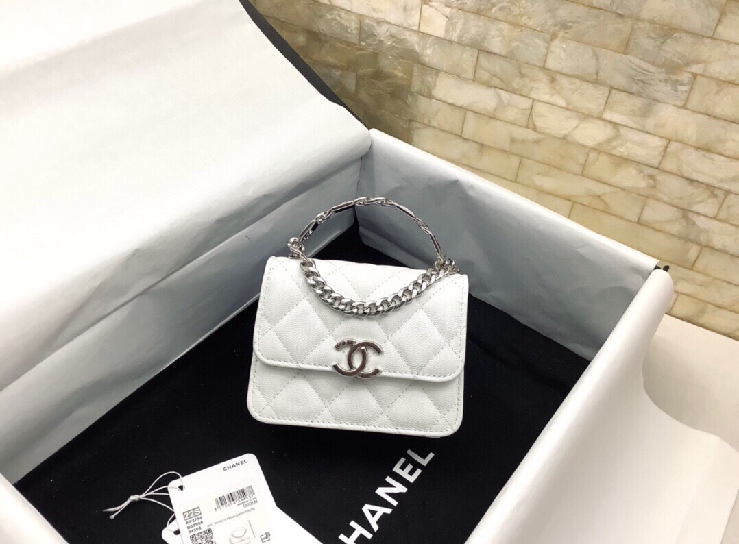 Chanel Mini Kelly Top Handle Chain Mini Vanity Case White Lambskin